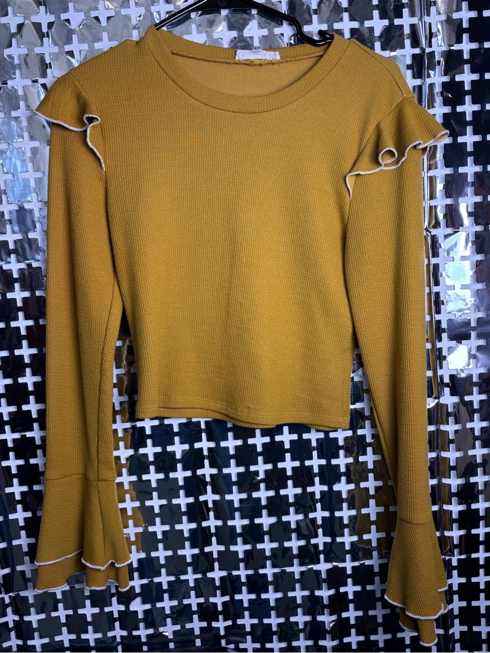 june & hudson Mustard Ruffle-Trim Long Sleeve Top